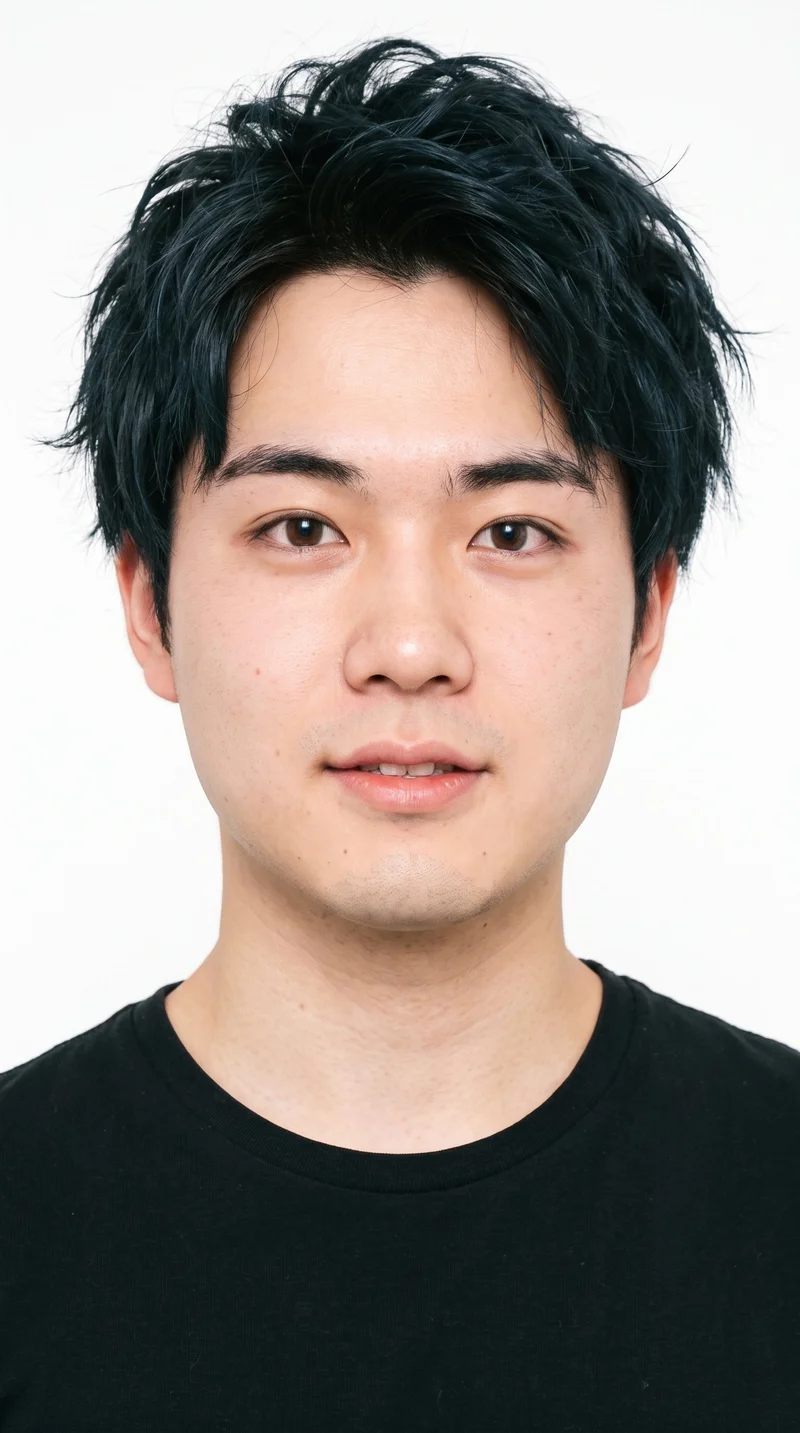 A 22-year-old Japanese man with fair skin and a warm yellow undertone. His face is round, with soft, full contours, gentle curves, and few angles. He has medium-thickness eyebrows, very dark near-black eyes, and thin lips. His deep black hair is tousled, with deliberately undone texture and natural movement. He is clean-shaven, with a smooth face.
