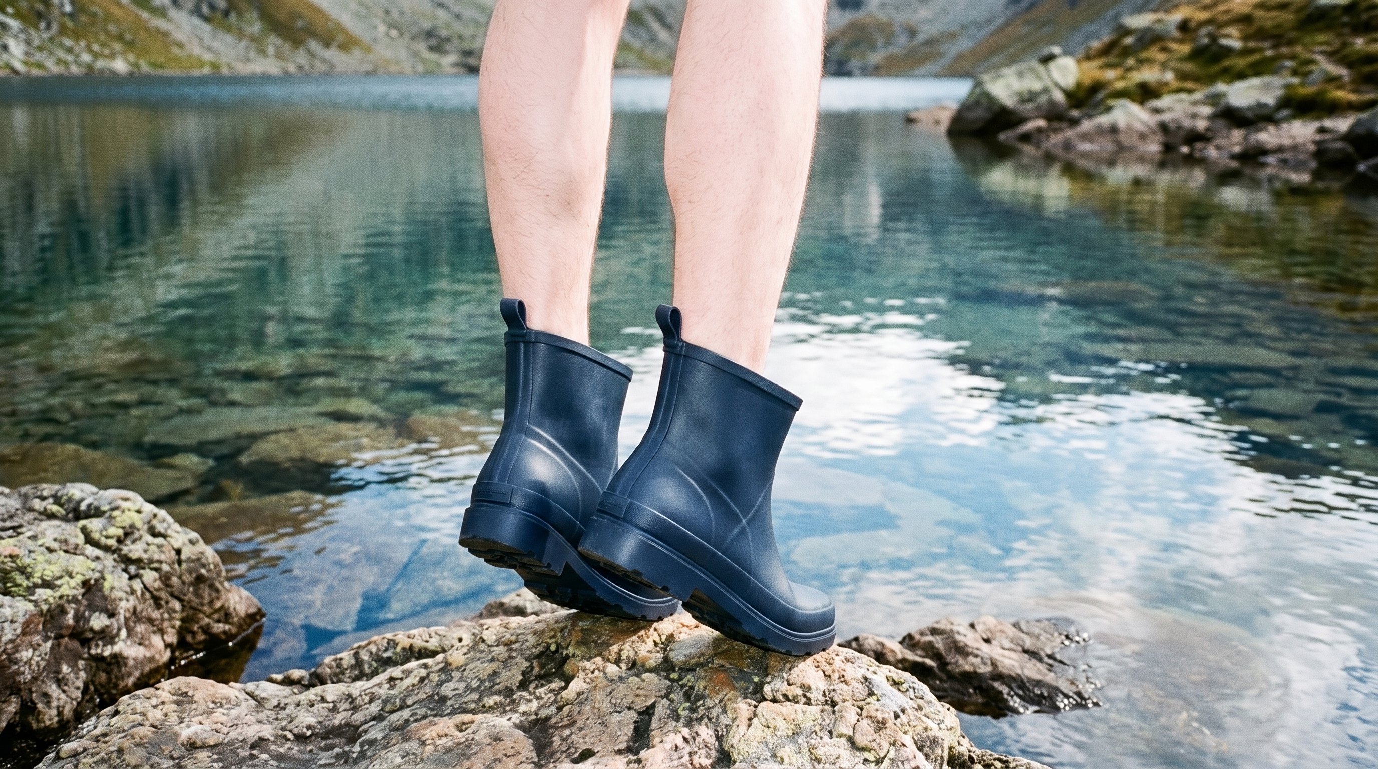 Men's navy rubber rain boots shown from an angled rear view with both heels lifted. An alpine lake shore backdrop is visible behind the boots.