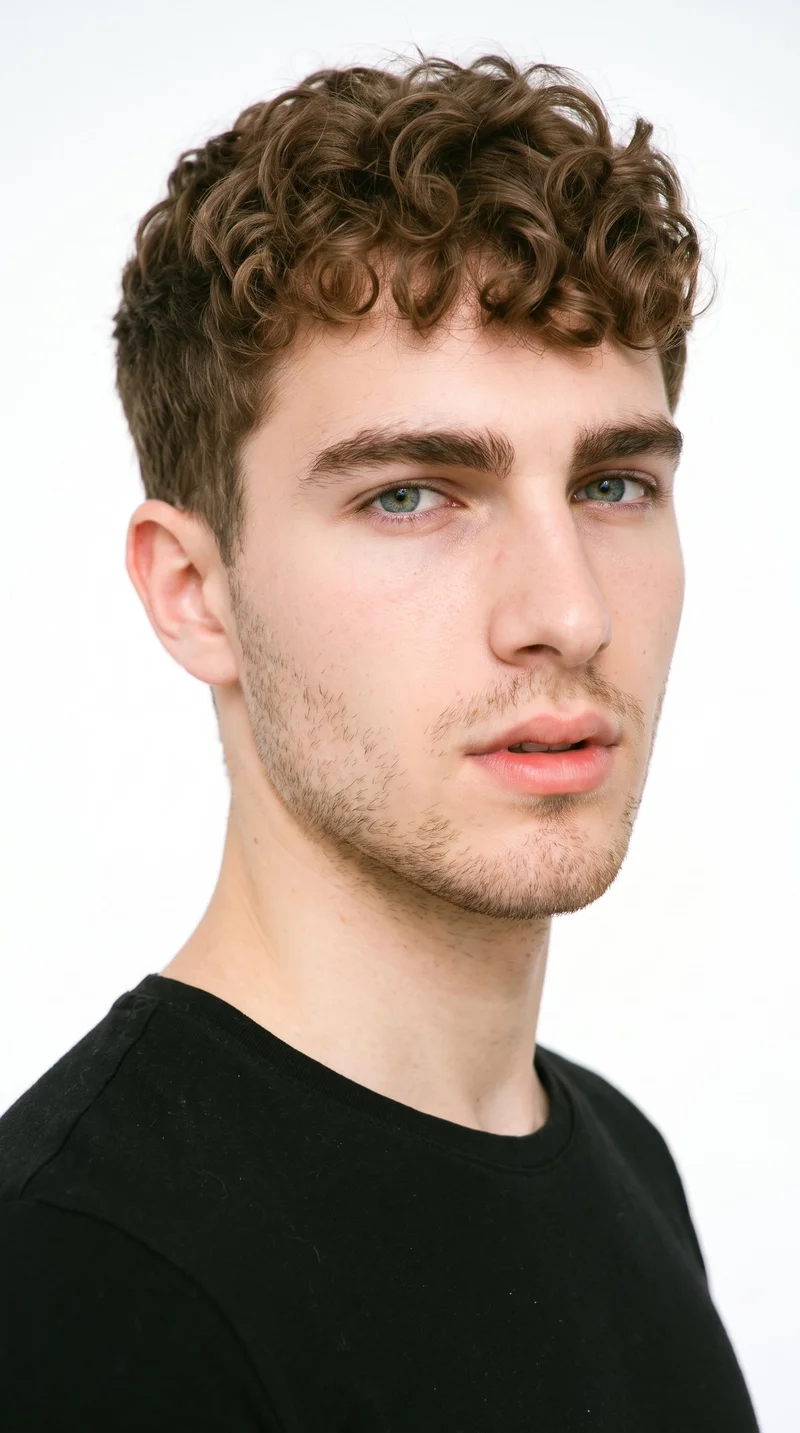 An 18-year-old Caucasian man with fair skin and a cool undertone has a Roman face shape with strong classical features, a prominent nose line, and a defined jaw. His eyebrows are thin, and his eyes are blue with a cool undertone. He has medium lips, brown hair styled in defined curls brought forward into a textured fringe, and fine, closely trimmed stubble lightly covering the beard area.