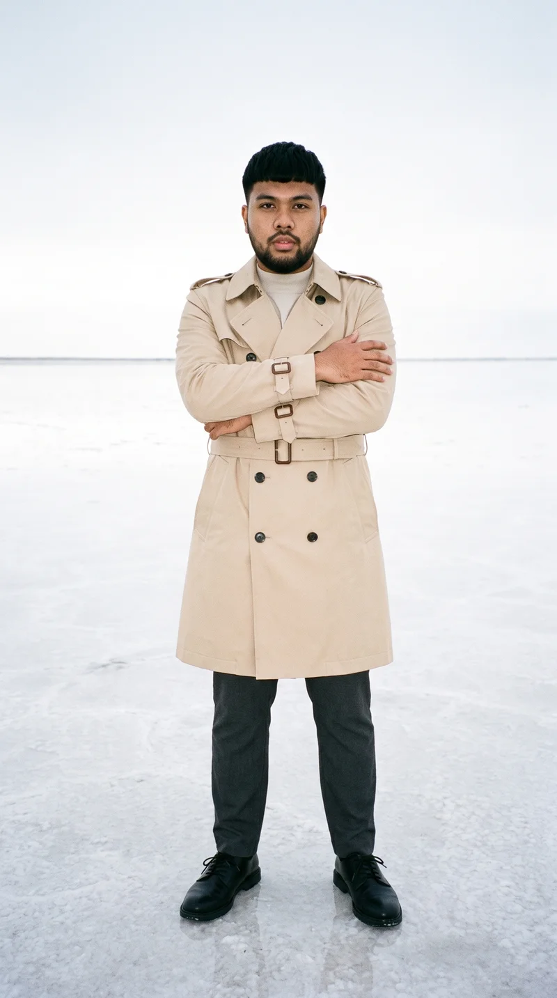 Men's Beige Classic Trench Coat, Environmental at Front, Clean Catalog lighting