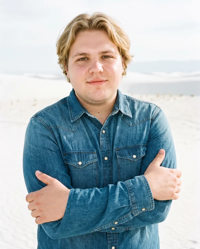 A 21-year-old Caucasian man is shown from the front in an upper-body view wearing a mid-wash western denim shirt. He holds one elbow with a natural facial expression, with white sand dunes forming the backdrop.