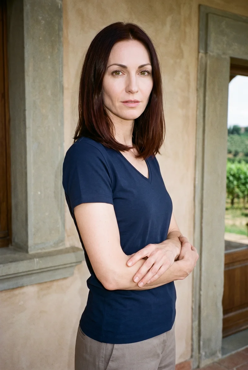 A 36-year-old Caucasian woman is shown from the upper body at a front three-quarter angle wearing a navy V-neck T-shirt. She is touching her wrist with a natural facial expression. An Italian villa terrace serves as the backdrop.