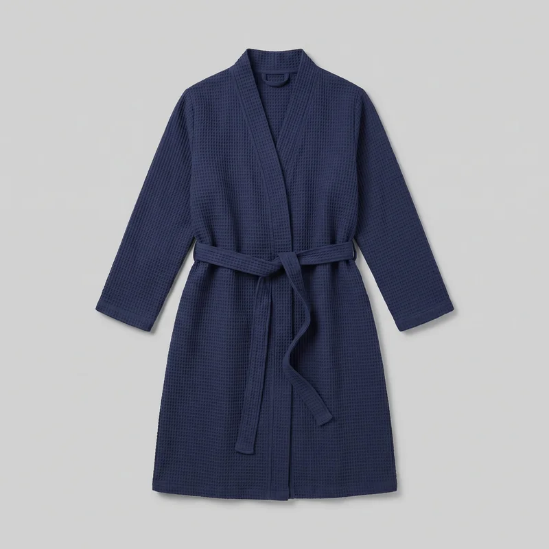 A women's navy cotton dressing gown is laid flat in a mostly complete front view. It has a shawl collar with a V-shaped opening, wide folded front bands, a wrap front secured by an integrated self-tie belt, visible side belt loops, dropped shoulders, straight long sleeves with plain hems, subtle vertical panel seams, and a straight bottom hem. The fabric has an all-over raised waffle-grid texture, with no visible logos, prints, patches, embroidery, or embellishments.