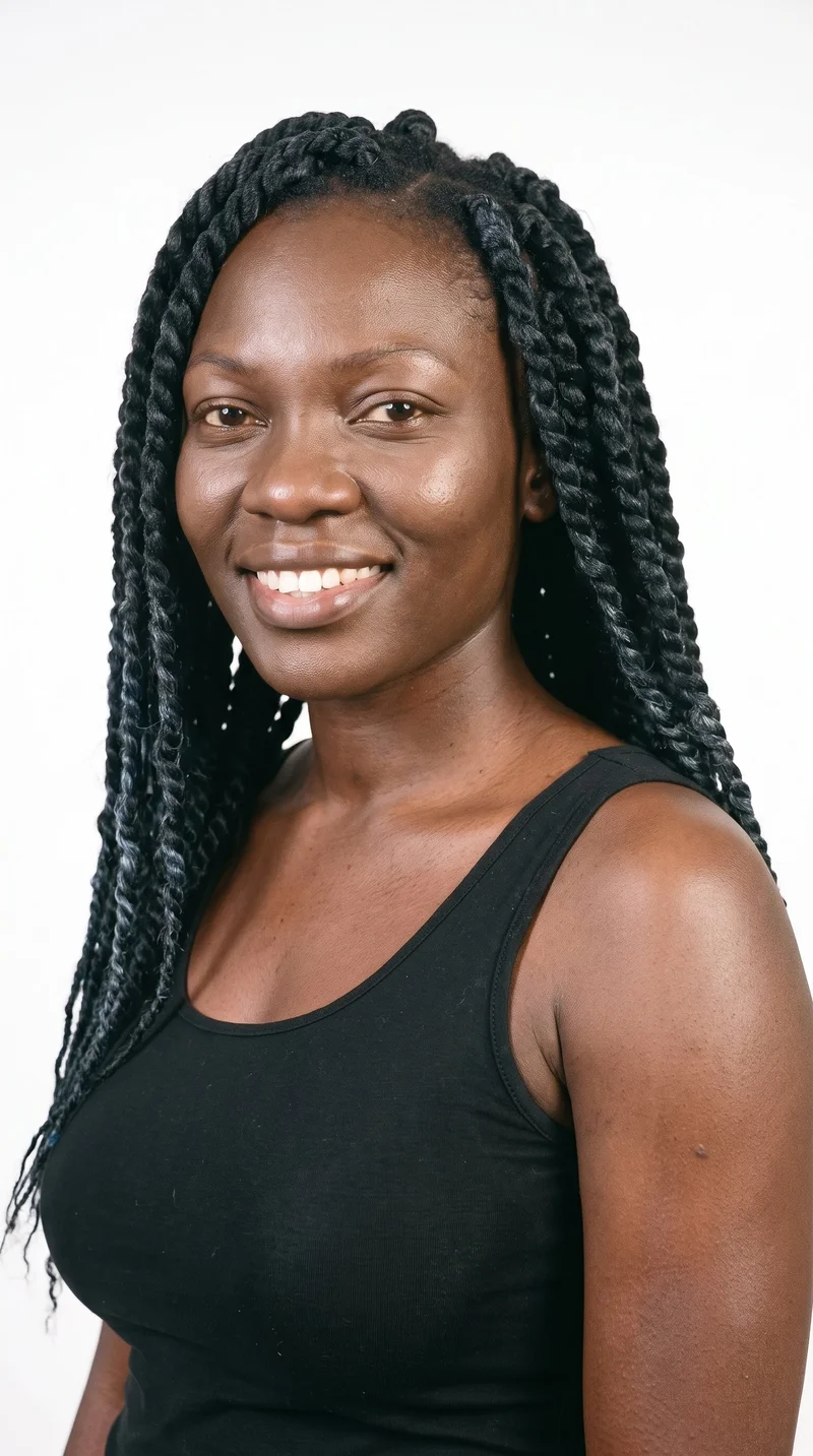 A 35-year-old African woman with dark-brown skin and warm golden undertones. Her face is long, with more length than width, a tall forehead, and elongated cheeks. She has thick eyebrows, very dark near-black eyes, and very full lips. Her black hair is styled in soft, rope-like passion twists with a loose, textured finish.