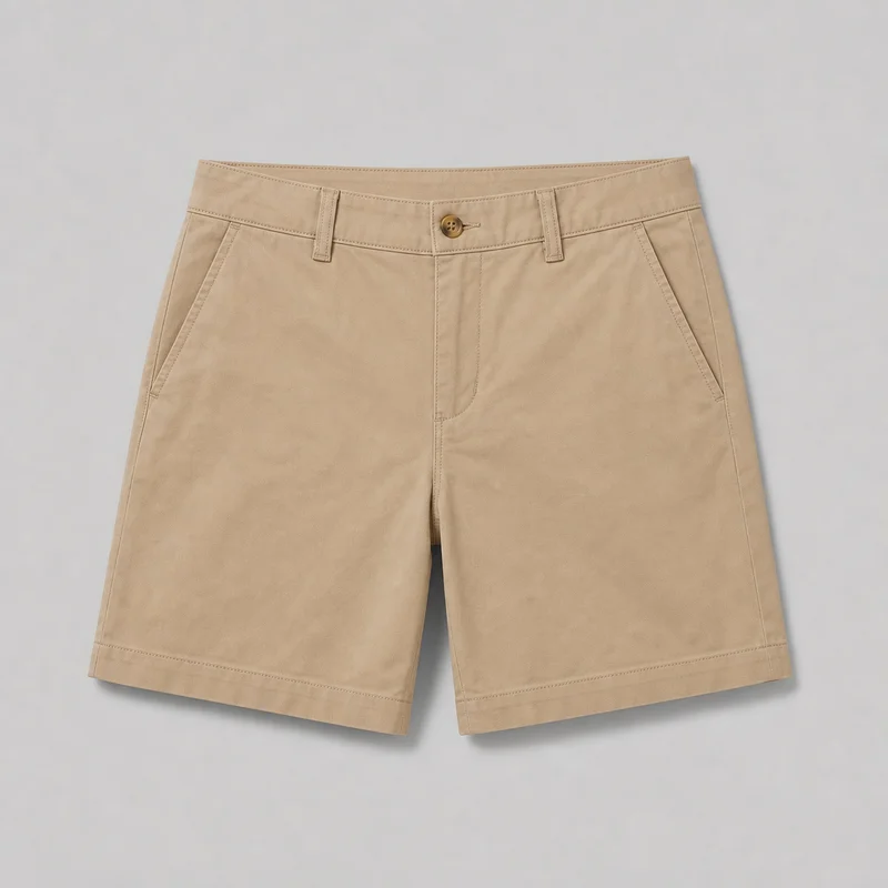 Women's khaki chino shorts shown alone in a front view. The shorts have a flat front, structured waistband with a single button, fly placket, multiple belt loops, slanted front pockets, straight short legs, visible side seams, and stitched hems.