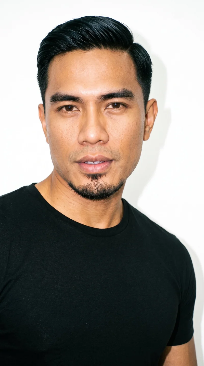 A 45-year-old Southeast Asian man with a warm honey skin tone and golden undertone. His triangle-shaped face has a wide jaw that narrows toward the forehead, emphasizing the lower face. He has thick eyebrows, very dark near-black eyes, and very full lips. His deep black hair is combed to one side along a defined part, and he has a compact goatee centered on the chin with clear cheeks.