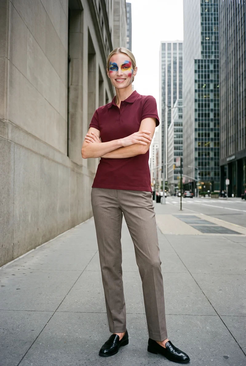 A 33-year-old Caucasian woman wears a burgundy pique polo shirt in a full-body front three-quarter view. She is smiling with her arms crossed, with an urban canyon backdrop labeled Financial District.