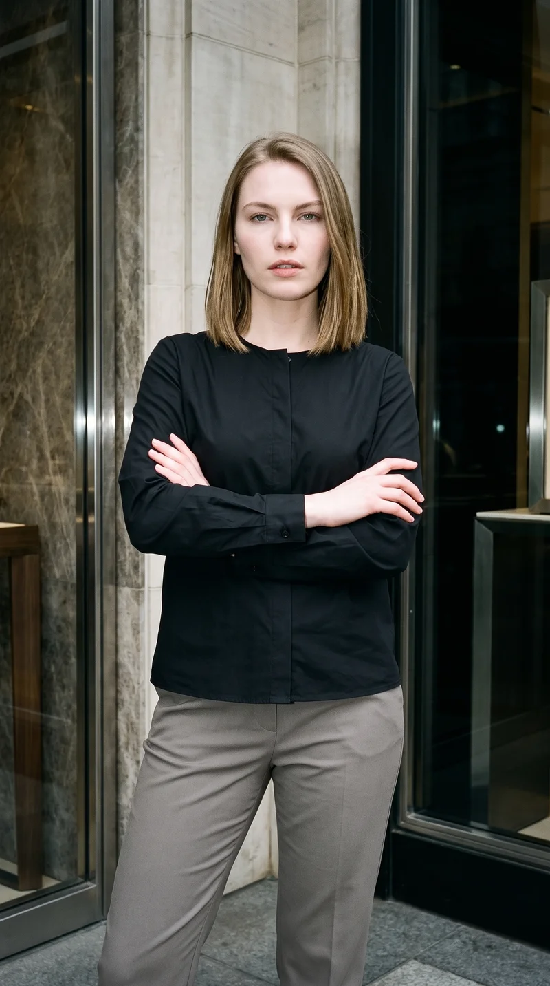 A 23-year-old Caucasian woman wears a black classic blouse in a three-quarter-length, front-view composition. She holds herself in a self-hug pose with a neutral expression. A luxury boulevard storefront serves as the backdrop.
