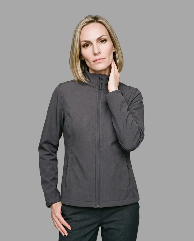 Women's Grey Softshell Jacket, Upper body at Front, Studio Cutout lighting