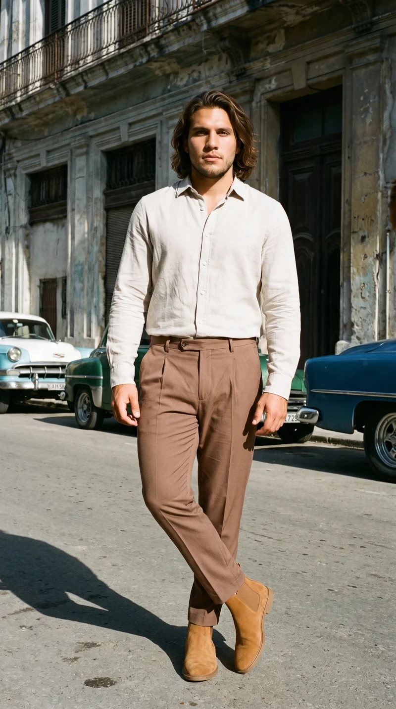 A 25-year-old Hispanic man is shown full body from a front three-quarter angle wearing tan suede Chelsea boots. His ankles are crossed, and his serious expression is visible. A backdrop labeled Cuban Street Vintage Cars appears behind him.