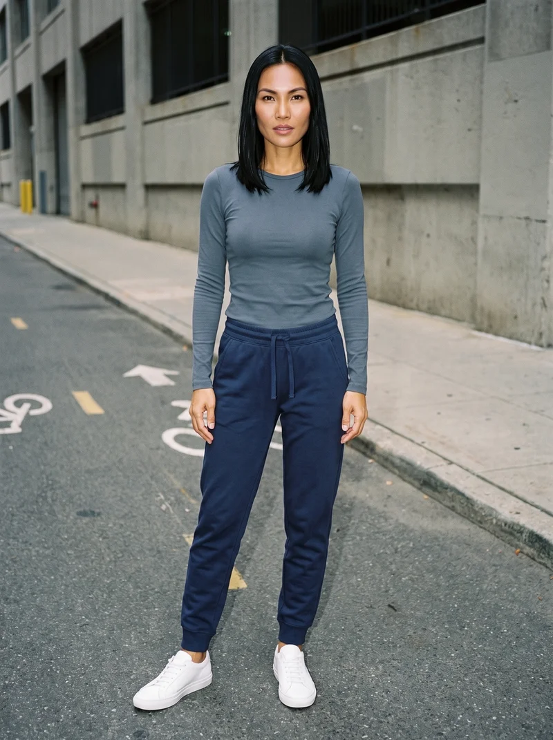 Women's Navy Cotton Joggers, Full body at Front, Clean Catalog lighting