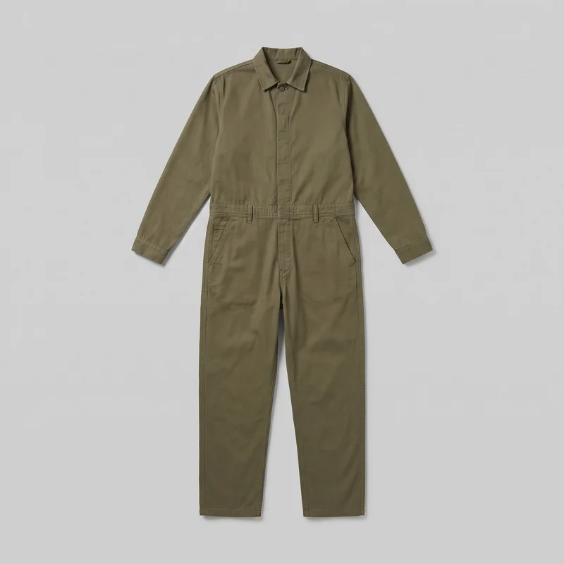 An olive utility coverall jumpsuit is shown in a mostly complete front flat-lay view. It has a pointed shirt collar, long sleeves with cuff seams, a centered buttoned front placket extending into a fly-style lower section, a high waist seam with belt loops, two slanted front hip pockets, straight legs that subtly taper, and plain stitched hems.
