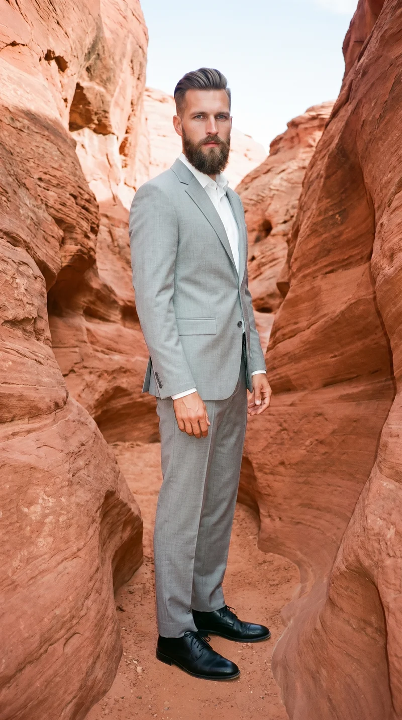 A 33-year-old Caucasian man wears a light grey suit in a full-body front three-quarter view, standing with his ankles crossed and a serious expression. Red rock formations form the backdrop.