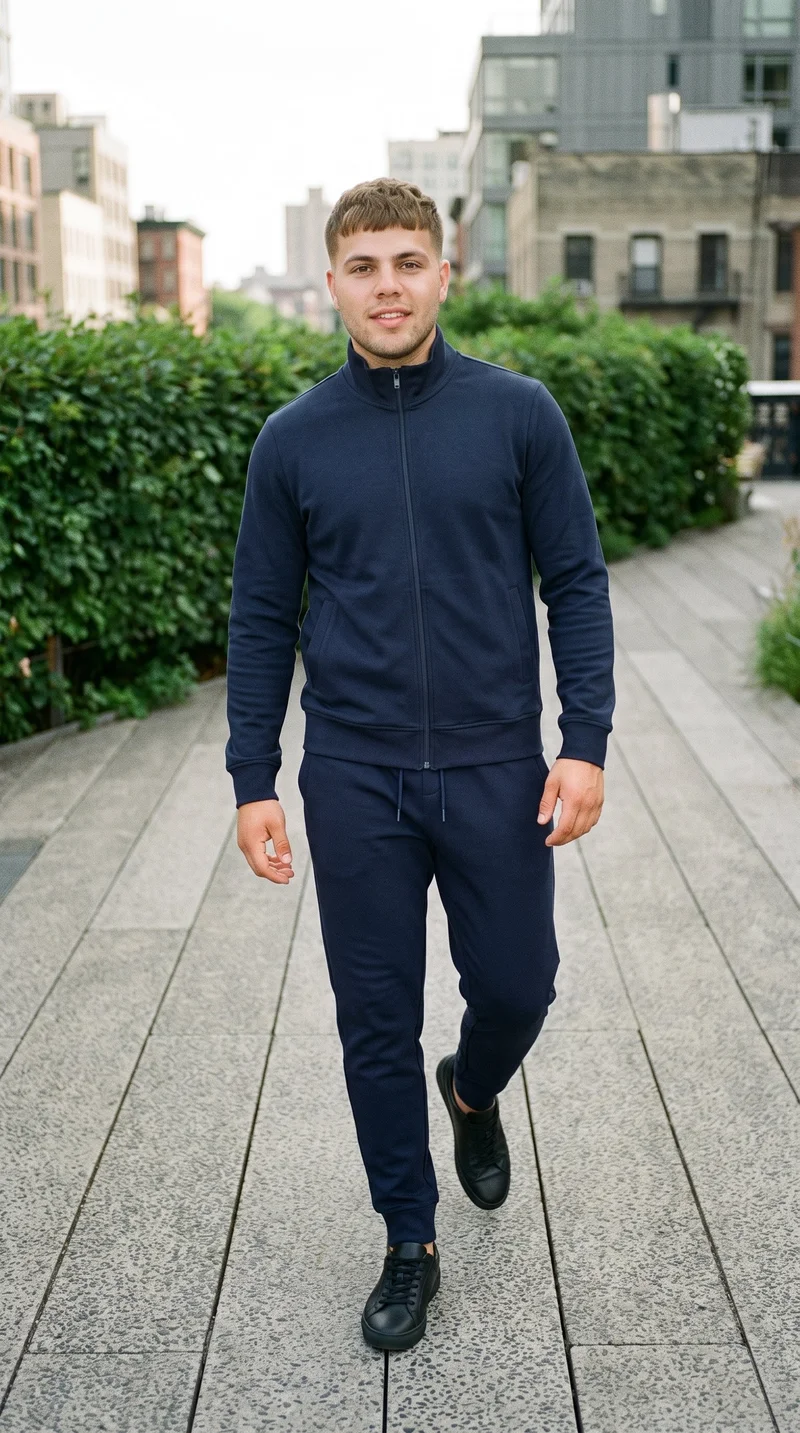 A 21-year-old Hispanic man is shown full body from the front while walking and smiling, wearing a men's navy tracksuit. An elevated park railway forms the backdrop.