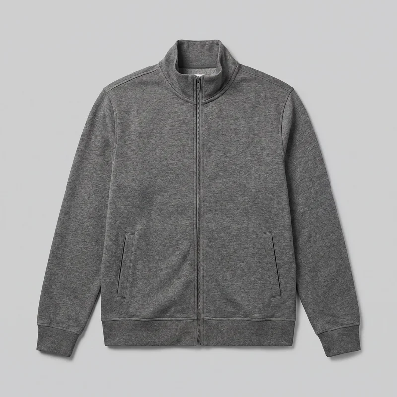 A men’s grey heathered zip track jacket is laid flat in a mostly complete front view. It has a raised stand collar, a full-length front zipper, long sleeves with ribbed cuffs, a straight ribbed hem, and two low vertical welt pockets. The jacket has a regular straight silhouette and no visible logos or embellishments.