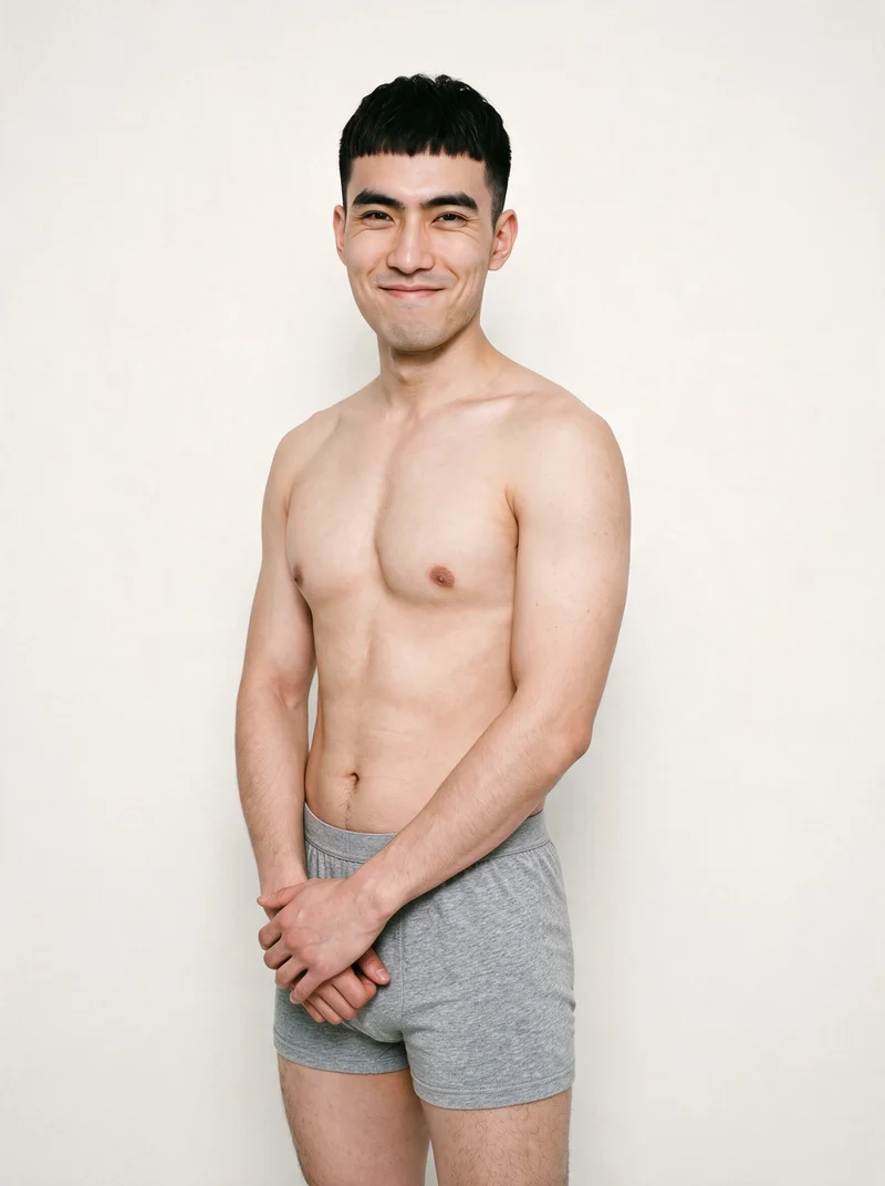 A 24-year-old Chinese male model wears grey marl boxers in a three-quarter-length, angled front view with his hands in front and a natural facial expression. The image uses a soft ivory studio-wall backdrop.