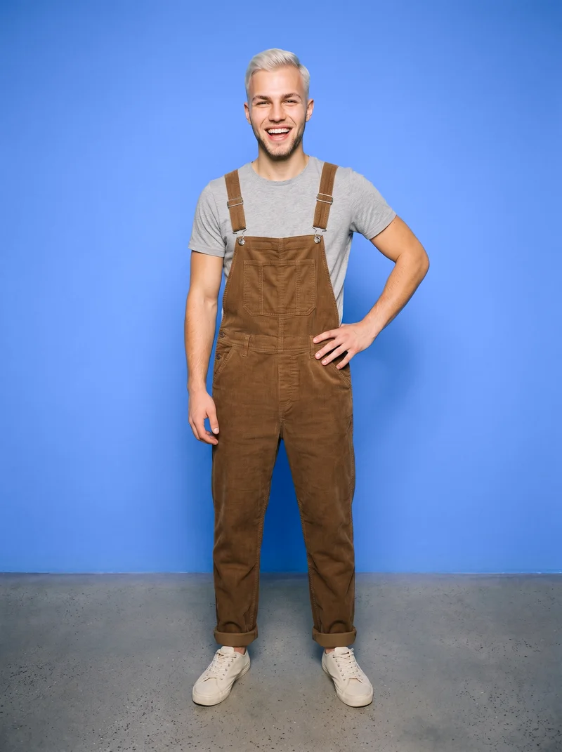 Men's Corduroy Dungarees, Full body at Front, Clean Catalog lighting
