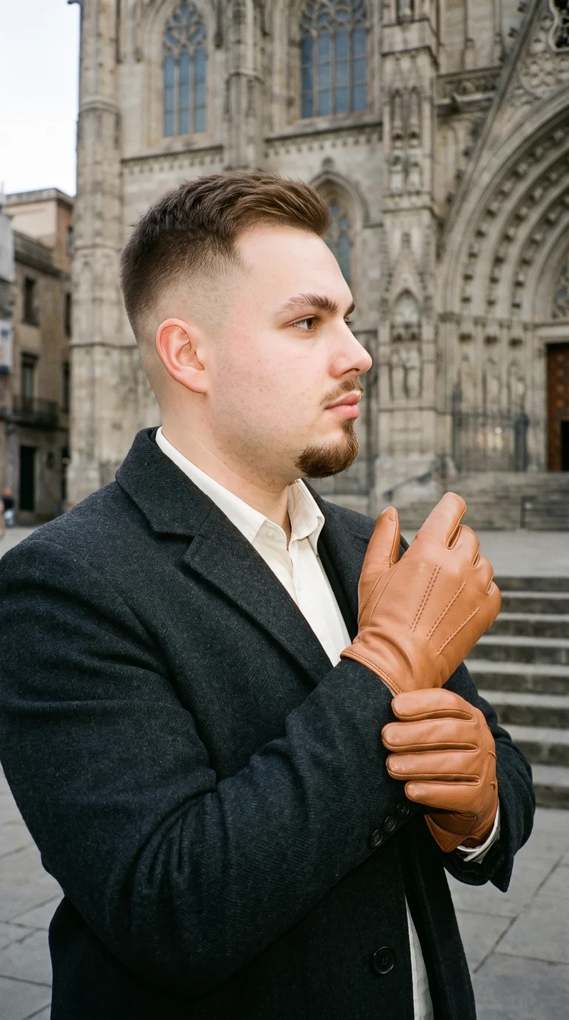 A 28-year-old Caucasian man is shown in an upper-body side view wearing tan driving gloves and touching his wrist. He has a serious expression, with cathedral steps forming the downtown backdrop.
