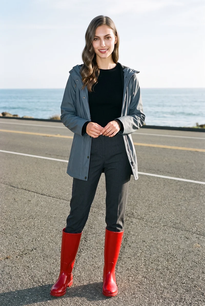 A 21-year-old Caucasian woman wears women's red rain boots in a full-body front view, standing with her hands in front and a natural expression. The Pacific Coast Highway appears as the backdrop.