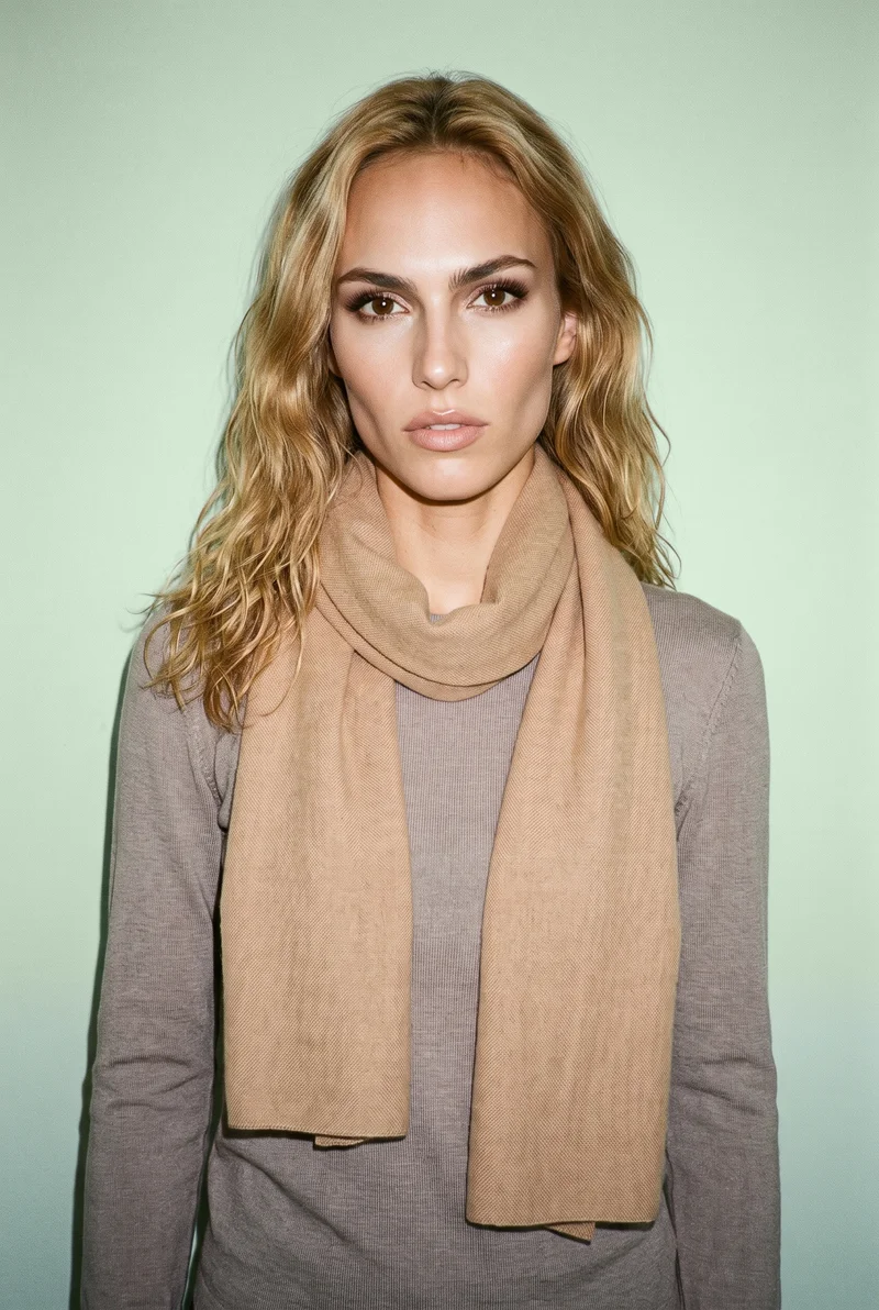 A 19-year-old Caucasian woman is shown from the upper body in a front view, wearing a camel cashmere scarf draped over her shoulders. She has a natural facial expression, with the scarf as the main focus. The backdrop is pistachio.
