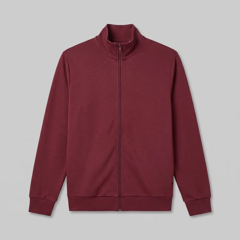 A burgundy men's tracksuit top is shown laid flat in a complete front view. The regular-fit jacket has a high stand collar, set-in shoulders, long sleeves with ribbed cuffs, a centered full-length zipper with a visible pull, subtle lower-front side seam pocket openings, and a straight ribbed hem.