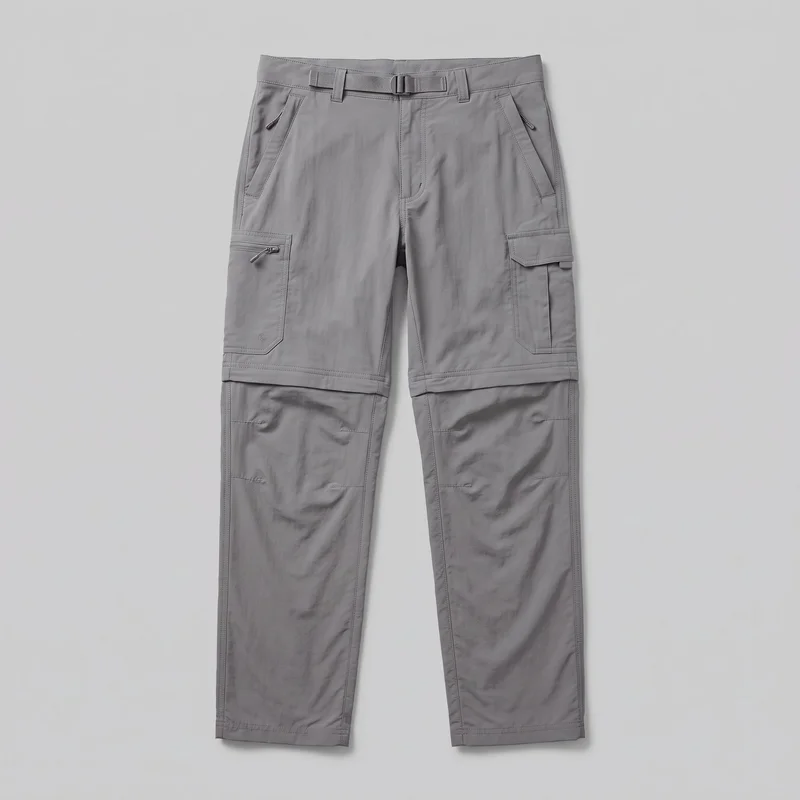 Grey men's convertible hiking trousers shown in a full front view from waistband to hem. The straight-leg pants have a structured waistband with belt loops, an adjustable webbing belt with a side-release buckle, slanted hand pockets, two thigh cargo pockets, panel seams indicating zip-off sections, and straight stitched hems.