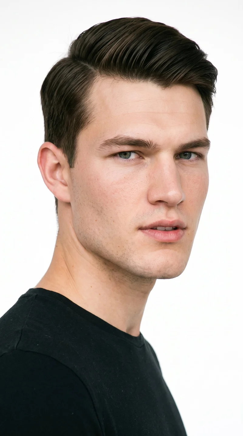 This 19-year-old Caucasian man has porcelain skin with a warm golden undertone. His rugged face has weathered, characterful features and a heavy jaw. He has medium-thick eyebrows, cool clear grey eyes, and full lips. His dark-brown hair is combed to one side along a defined part, and he is clean-shaven with smooth skin across his face.