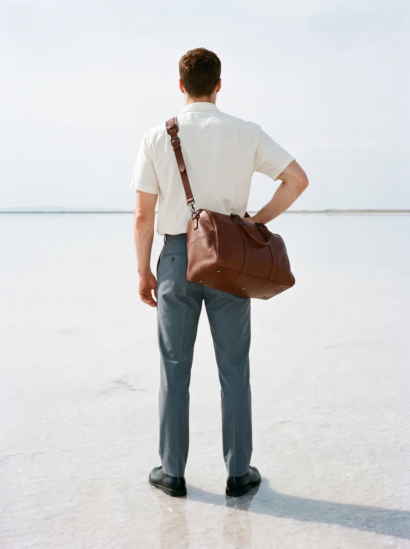 A 25-year-old Caucasian man is shown full body from the back with one hand on his hip, carrying or displaying a brown leather holdall. The salt flats reflection appears as the backdrop.