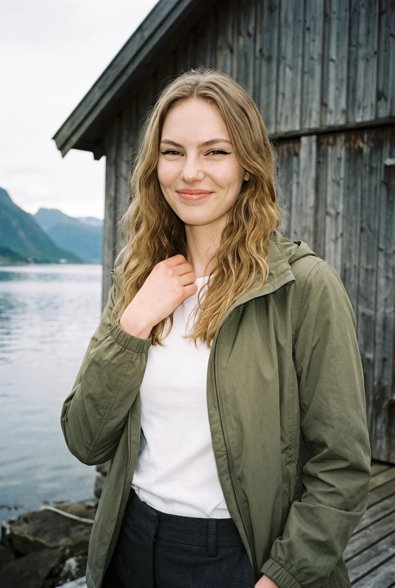 An 18-year-old Caucasian woman wears a women's olive packable windbreaker in an upper-body, angled-front view. One hand rests at her collarbone, and her natural expression is visible against a Norwegian fjord village backdrop.