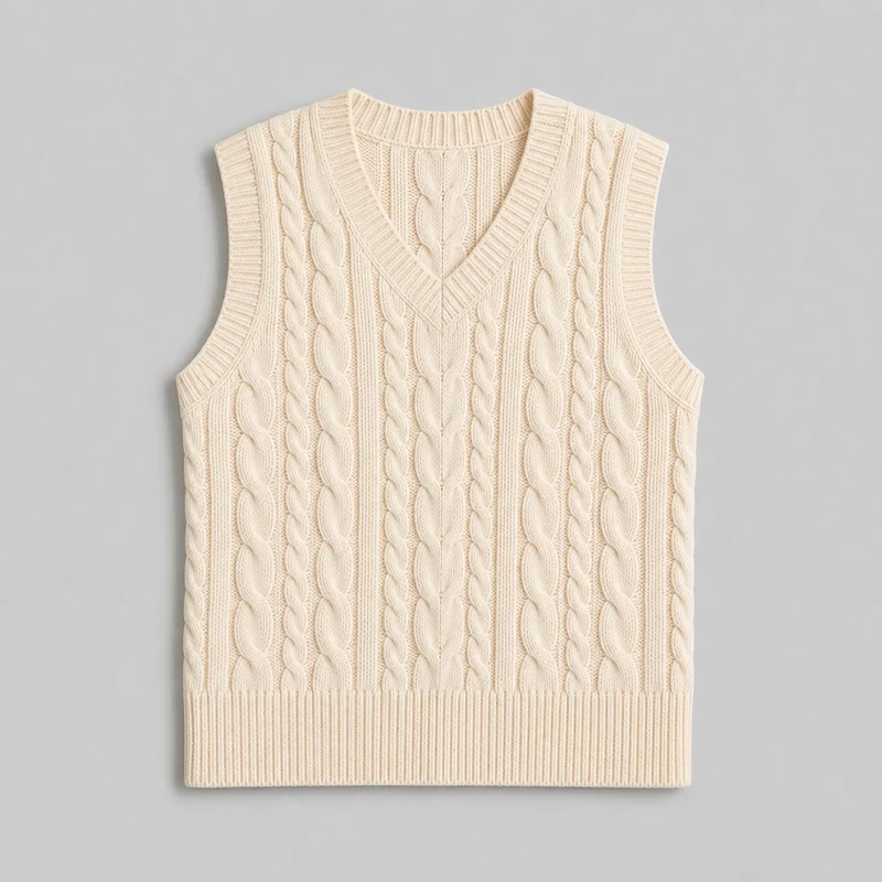 A cream sleeveless cable-knit sweater vest is shown flat in a full standalone front view. It has a straight silhouette, V-neckline, extended shoulder coverage, open armholes, vertical cable-knit columns, narrow ribbed and textured knit channels, ribbed neckline and armhole trims, and a wide ribbed waistband at the straight hem.