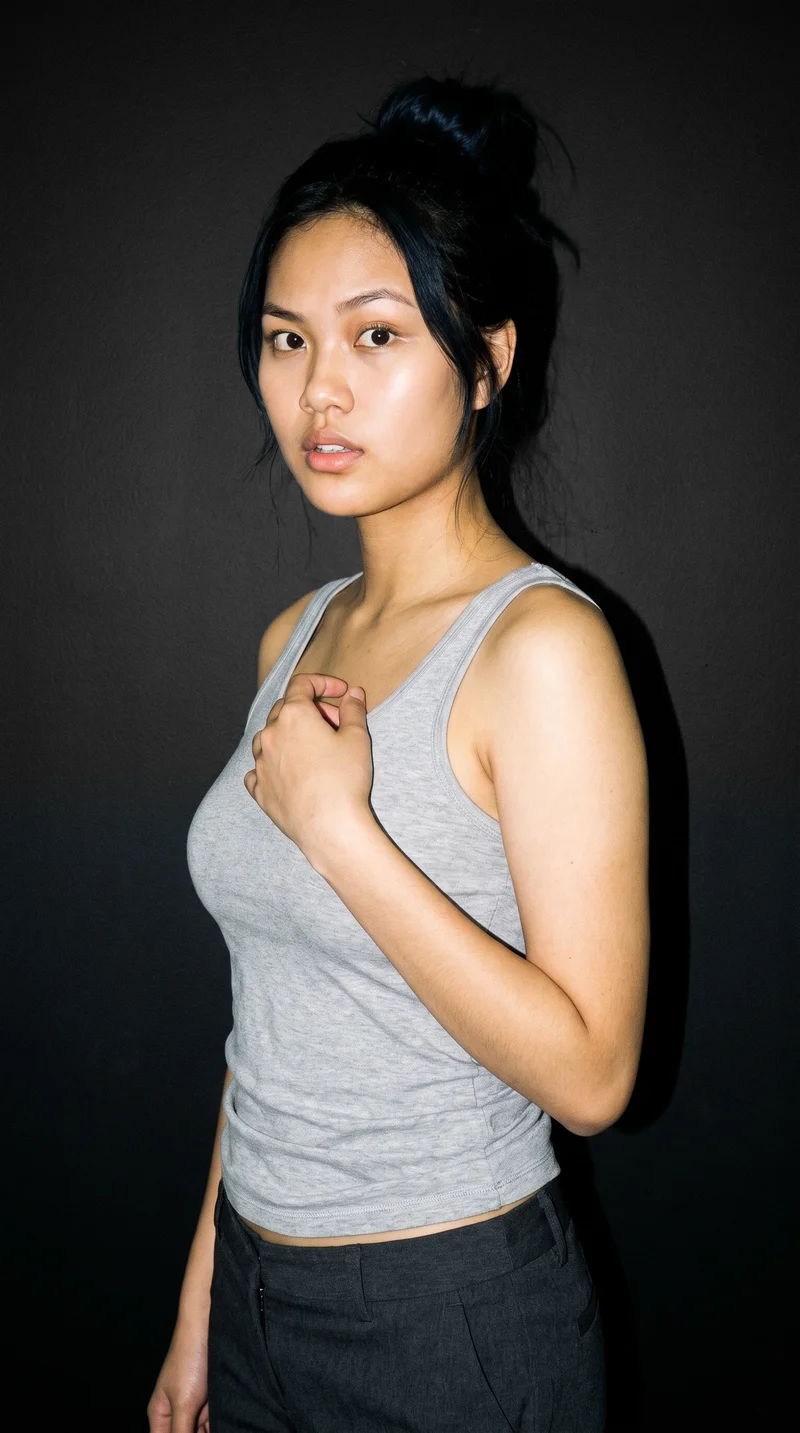 An 18-year-old Southeast Asian woman wears a grey tank top, shown from the upper body at a front three-quarter angle with her fingers at her chest. A curious expression is visible against an onyx black studio-wall backdrop.