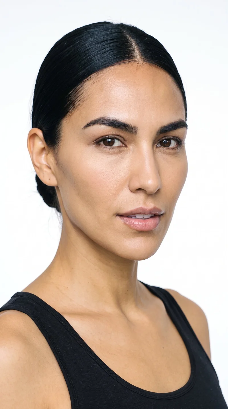 A 38-year-old Indigenous American woman with medium olive skin and a warm, greenish-golden undertone. Her face has balanced oval proportions with a softly rounded jaw, thick eyebrows, very dark near-black eyes, and full lips. Her deep black hair is smoothed back into a neat bun at the nape.