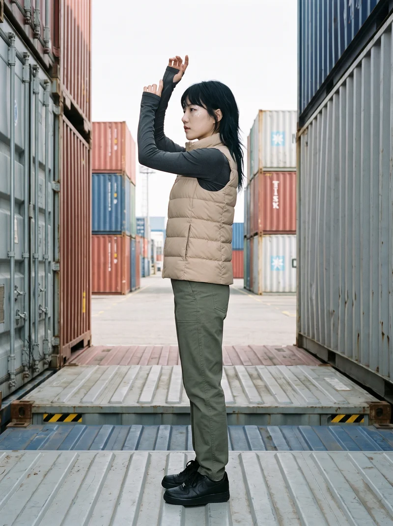 Women's Beige Down Gilet, Environmental at Side, Clean Catalog lighting