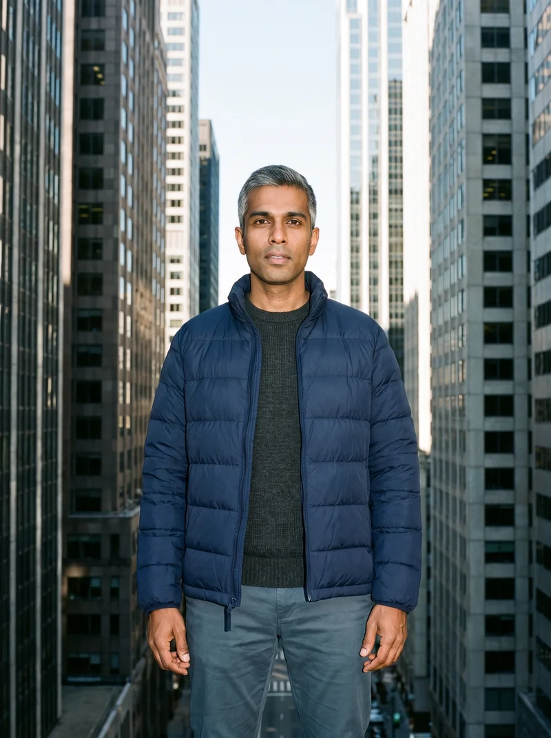 Men's Navy Insulated Down Jacket, Three-quarter length at Front, Natural E-Commerce lighting
