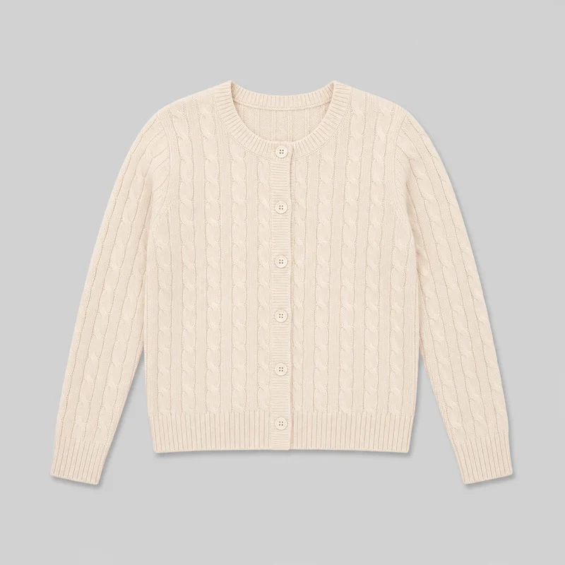 A cream women’s cable-knit cardigan is laid flat in a standalone front view. It has a round crew neckline, full-length sleeves, a straight silhouette, a central ribbed button placket with six visible round buttons, and a straight ribbed hem. Vertical cable-knit columns and narrow ribbed panels cover the body and sleeves, with matching ribbing at the neckline, cuffs, and hem; no pockets or visible decoration are shown.
