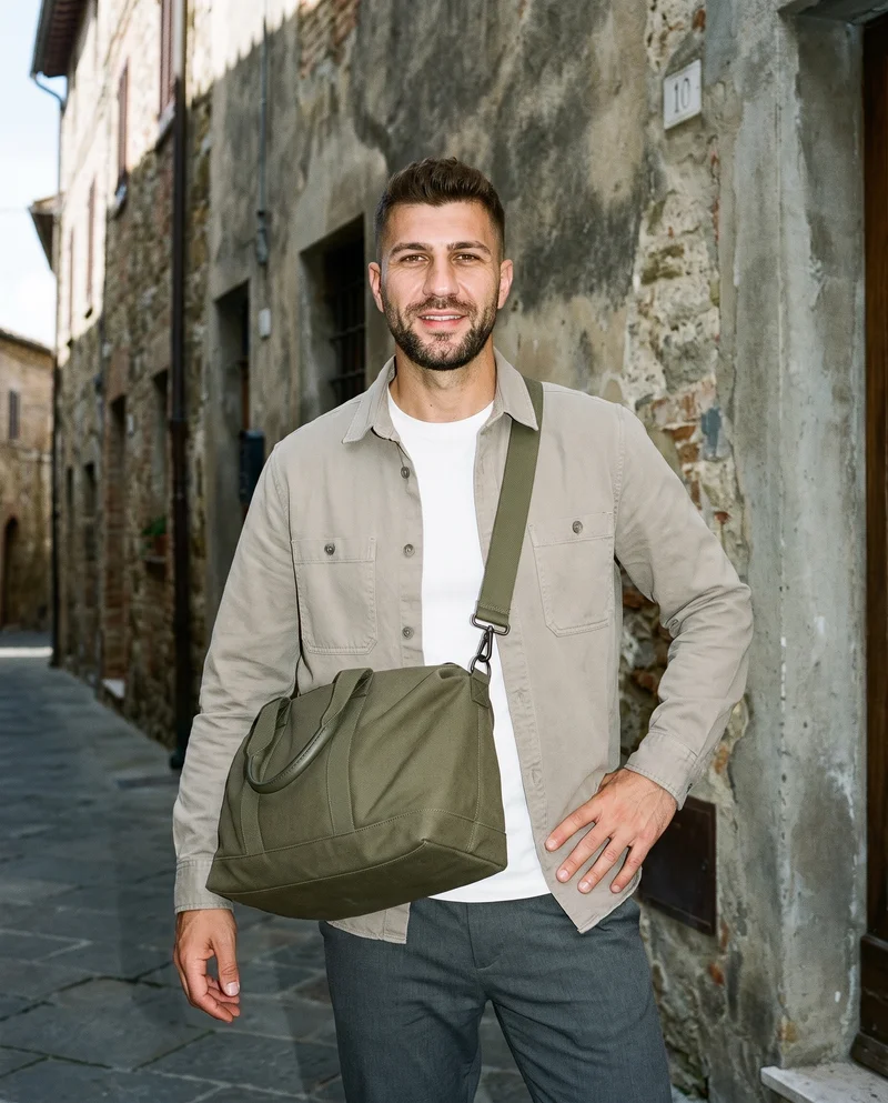 Olive Duffle Holdall, Three-quarter length at Front, Flash Editorial lighting