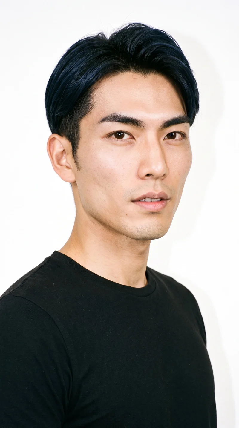 A 37-year-old Japanese man with East Asian facial features and lightly tanned fair skin with a neutral undertone. His diamond-shaped face has a narrow forehead and jaw, with the greatest width at the cheekbones. He has thick eyebrows, very dark near-black eyes, and full lips. His black hair is styled in a two-block cut, with short sides and back contrasted by a longer, fuller top. He is clean-shaven, with smooth skin across the entire face.
