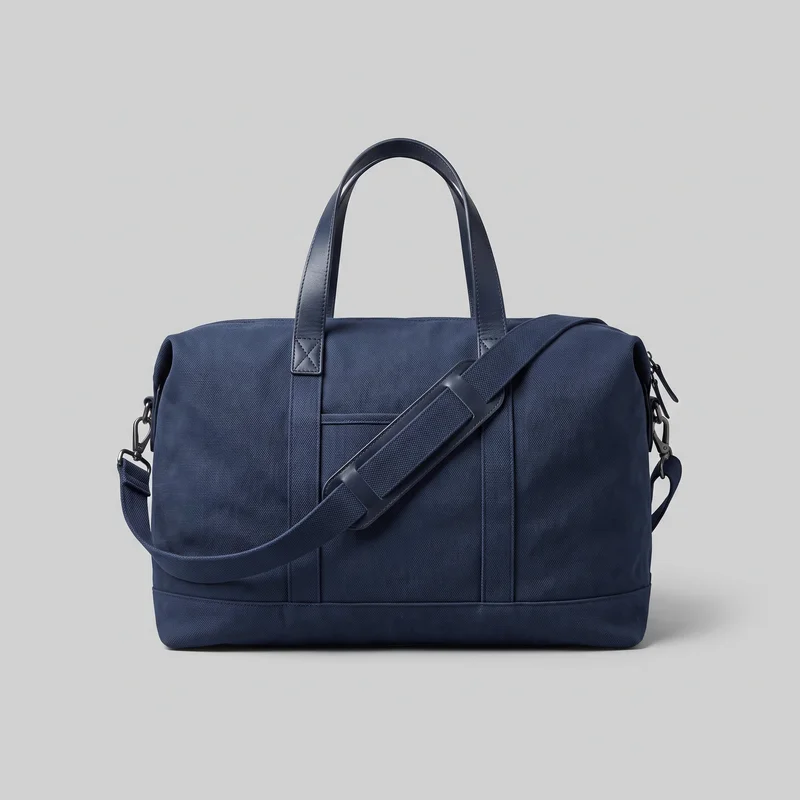 Navy canvas weekend bag shown in a mostly complete front view. The structured rectangular duffel has rounded side ends, dual top carry handles, a wide shoulder strap draped across the front, visible side clips and ring hardware, vertical front reinforcement bands, a base panel, edge piping, and top zipper pulls.
