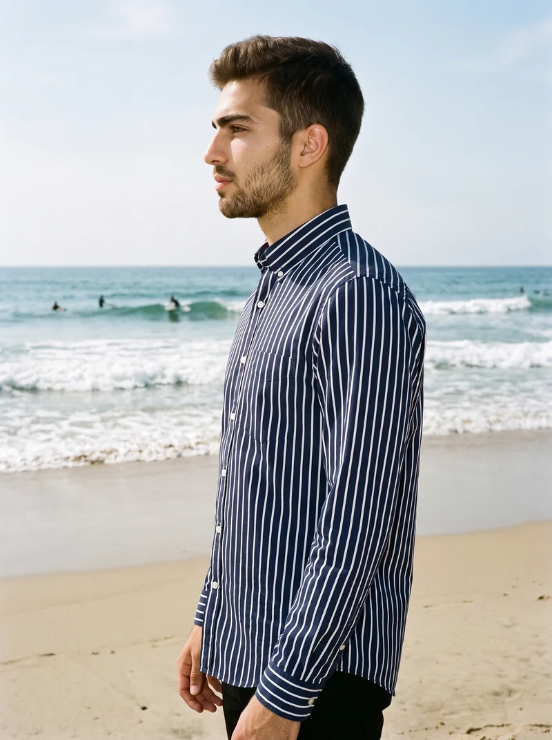Navy Striped Oxford Shirt, Upper body at Side, Natural E-Commerce lighting
