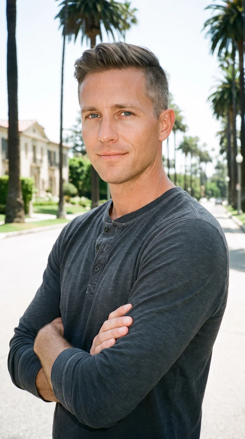 Men's Charcoal Henley Top, Upper body at Three-quarter, Clean Catalog lighting