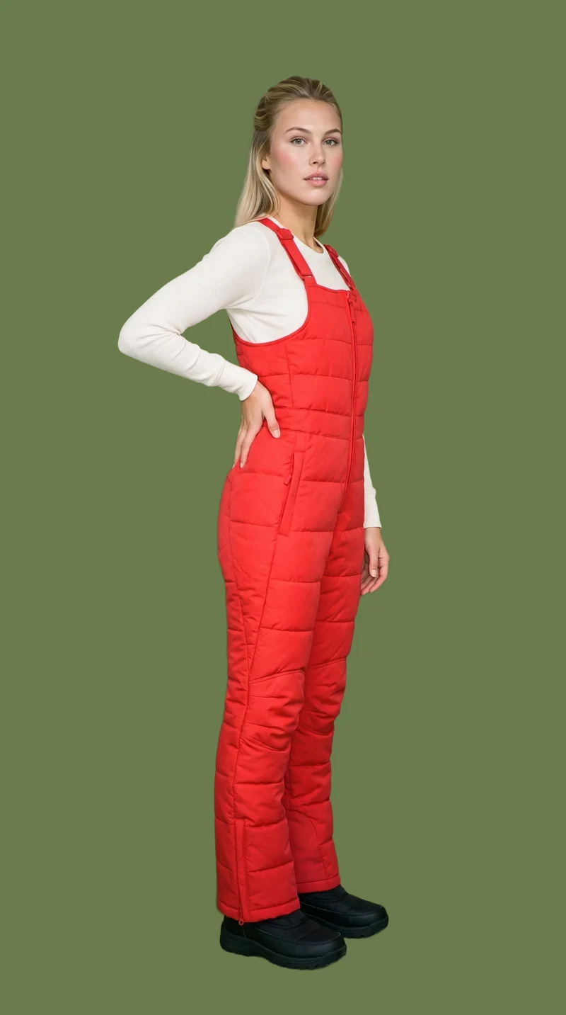 Women's Red Padded Salopettes, Full body at Three-quarter, Studio Cutout lighting