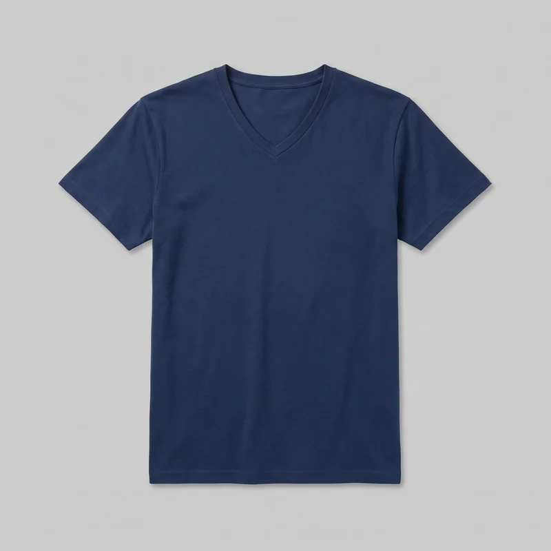 A navy short-sleeve V-neck T-shirt is shown laid flat in a standalone front view. It has a regular straight silhouette, full torso length, set-in sleeves with turned hems, a narrow ribbed V-shaped neckband with a center point, and a straight stitched bottom hem. No closures, pockets, collar, hood, logos, prints, patches, embroidery, or other embellishments are visible.