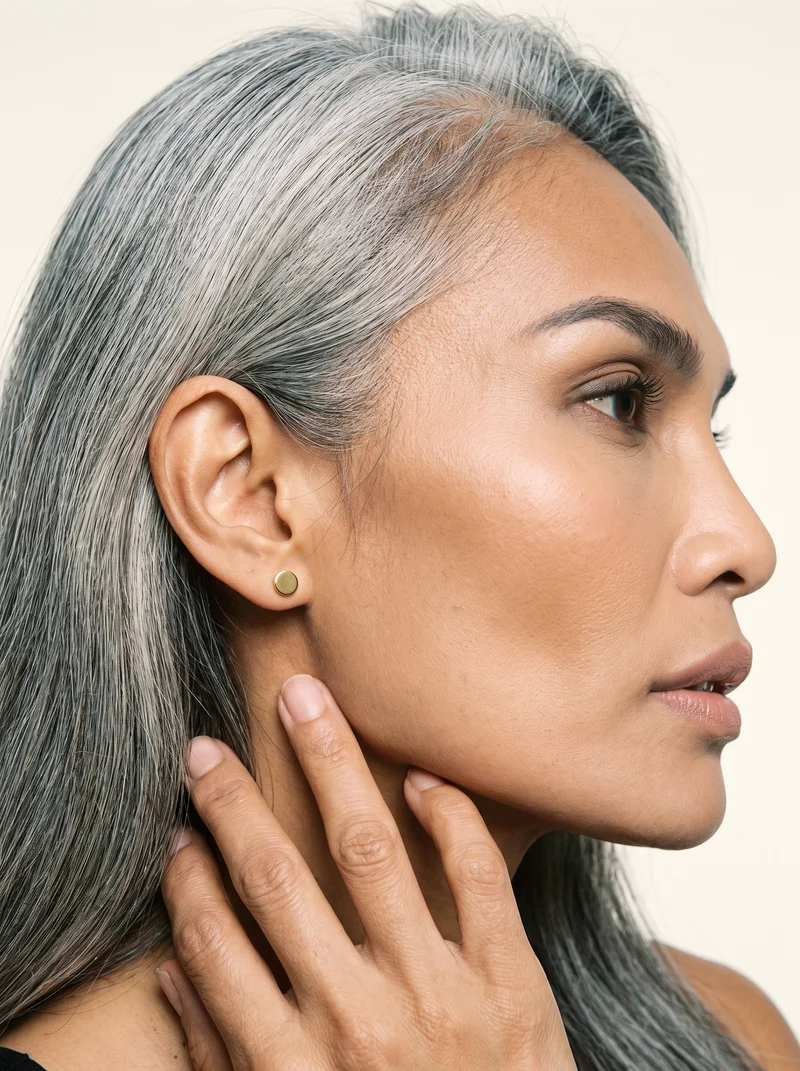 Women's Gold Stud Earrings, Ear at Side, Natural E-Commerce lighting