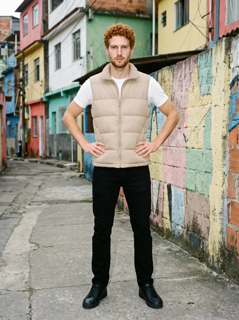 A 22-year-old Caucasian man wears a beige down gilet, shown full body from the front with his hands on his hips and an editorial expression. A Brazilian favela street serves as the backdrop.