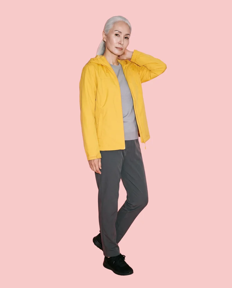 Women's Yellow Waterproof Jacket, Full body at Three-quarter, Studio Cutout lighting