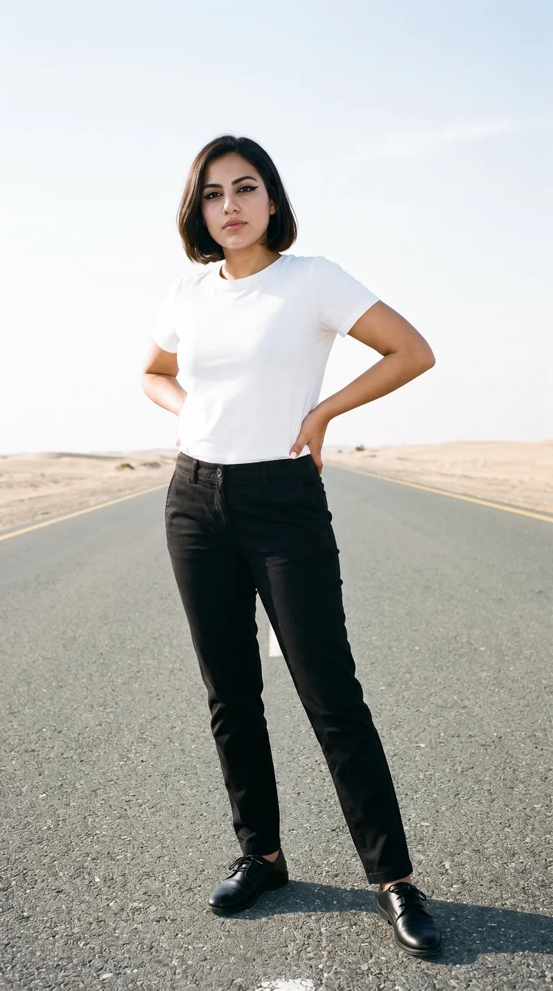 A 25-year-old Arab woman wears women's black chinos in a full-body angled-front view, standing with her hands on her hips and a neutral expression. A desert highway backdrop extends behind her.