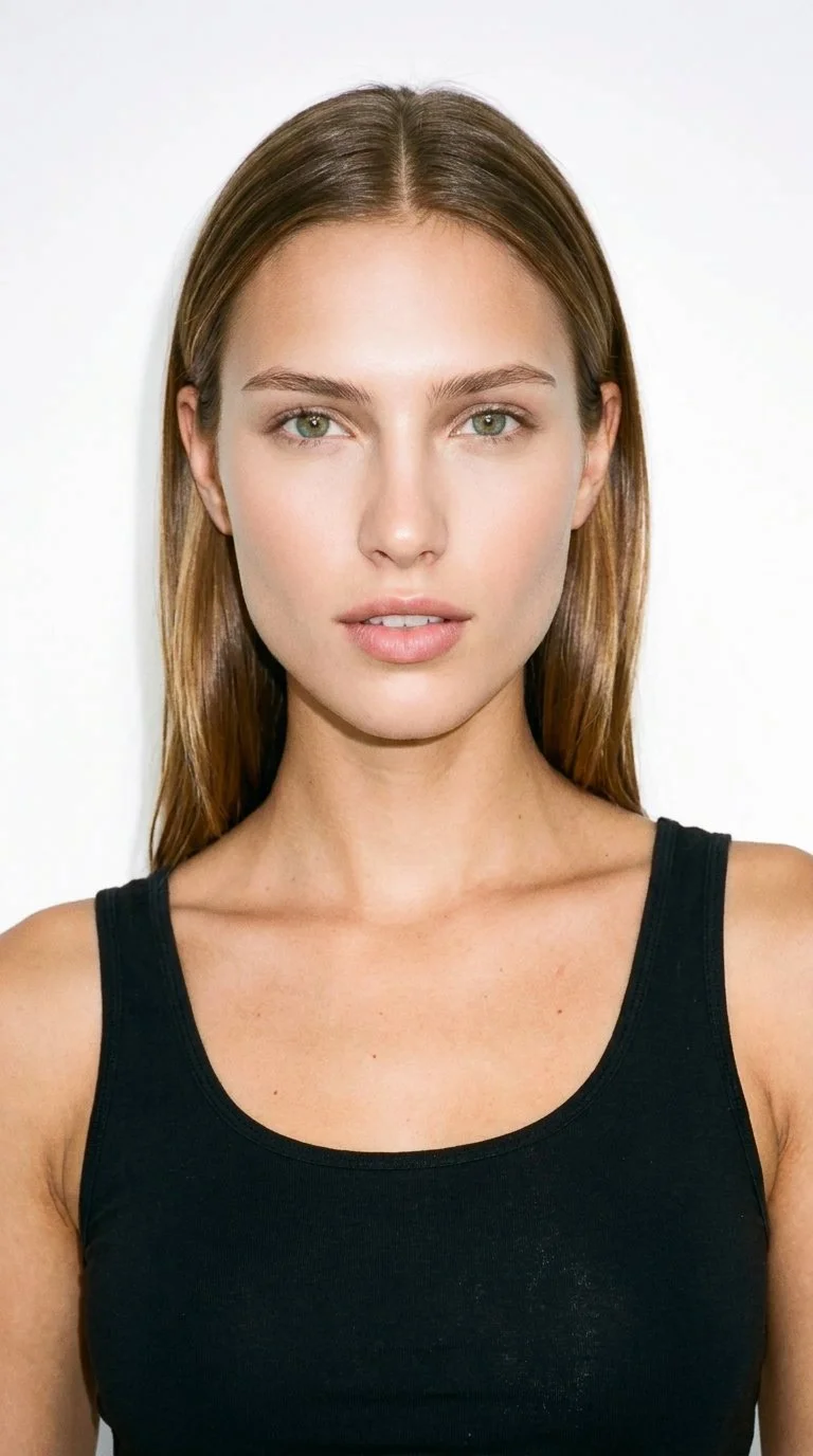 A 20-year-old Caucasian woman with lightly tanned fair skin and a cool undertone. Her triangular face has a wide jaw that narrows toward the forehead, emphasizing the lower face. She has medium-thick eyebrows, medium-sized lips, and cool, clear grey eyes. Her light-brown hair is straight, smooth, and evenly parted at the centre.