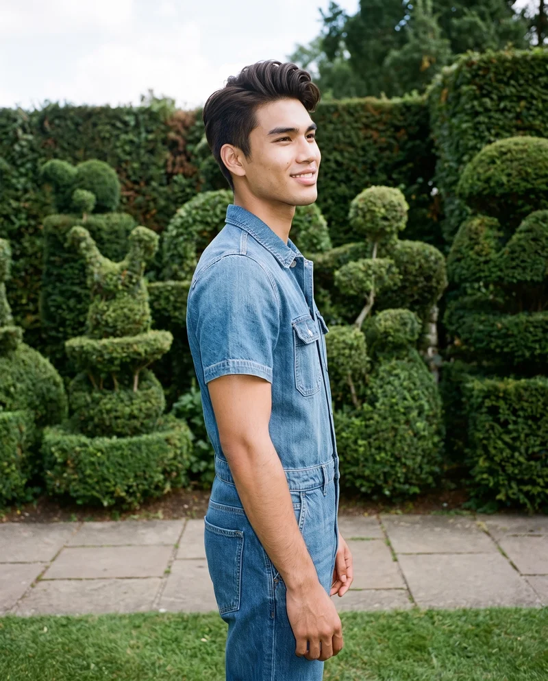 An 18-year-old Southeast Asian male model wears a men's denim boilersuit in an upper-body side view with a shoulder-drop pose and a smiling expression. A topiary garden forms the backdrop.