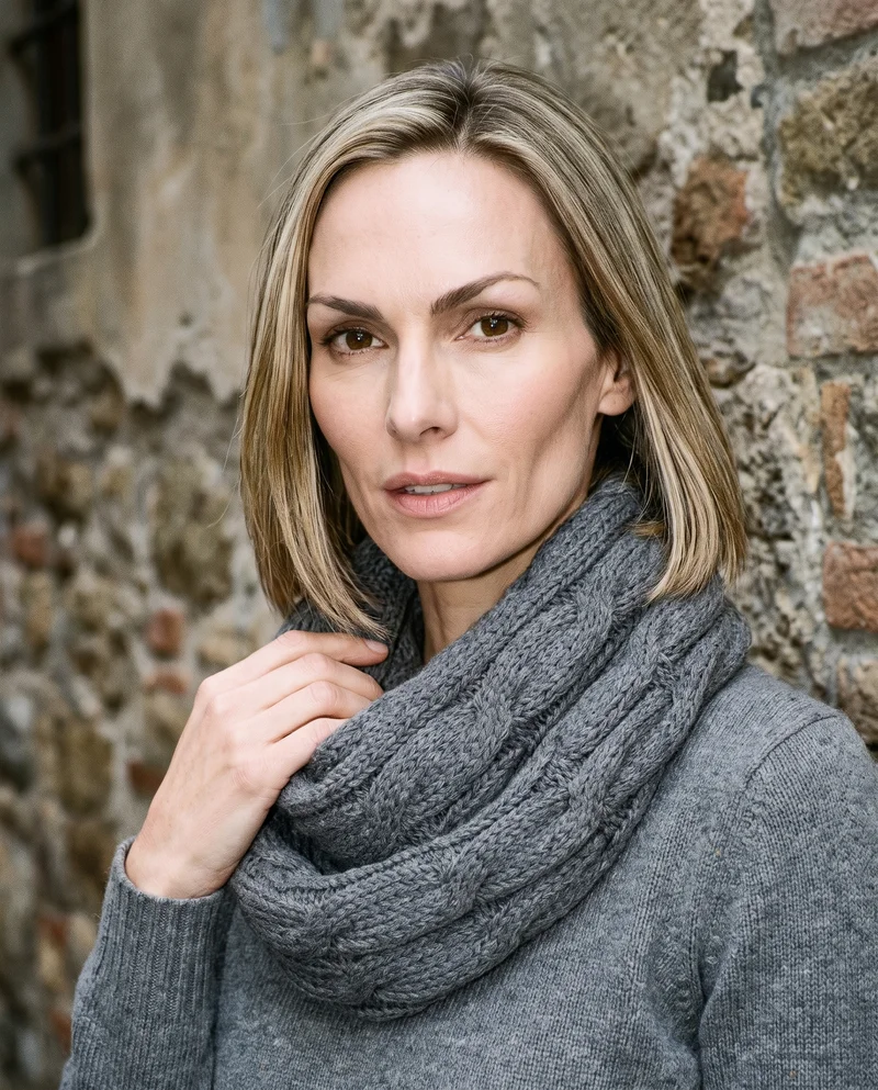 Women's Grey Knit Snood, Bust at Three-quarter, Flash Editorial lighting
