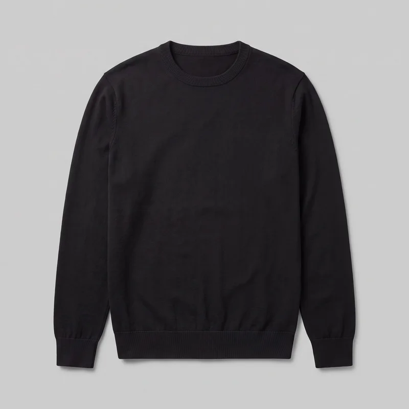 A plain black men's pullover jumper is shown in a full front standalone view. It has a rounded ribbed crew neckline, long full-length sleeves with ribbed cuffs, a straight regular silhouette, and a ribbed straight bottom hem. The smooth fine-knit design has visible shoulder seams and no closures, pockets, logos, prints, embroidery, patches, or other embellishments.